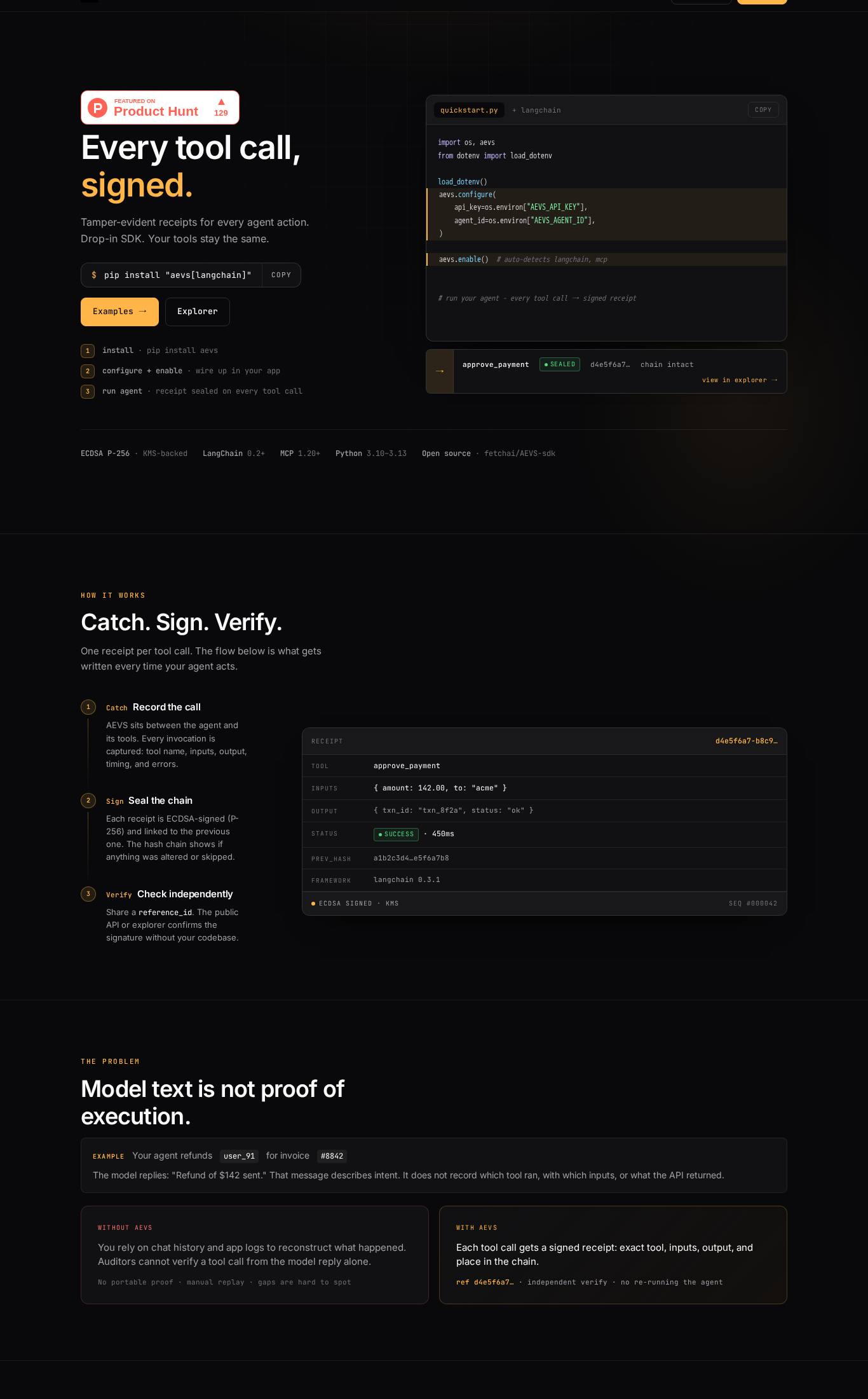 Landing page screenshot of AEVS by Fetch.ai