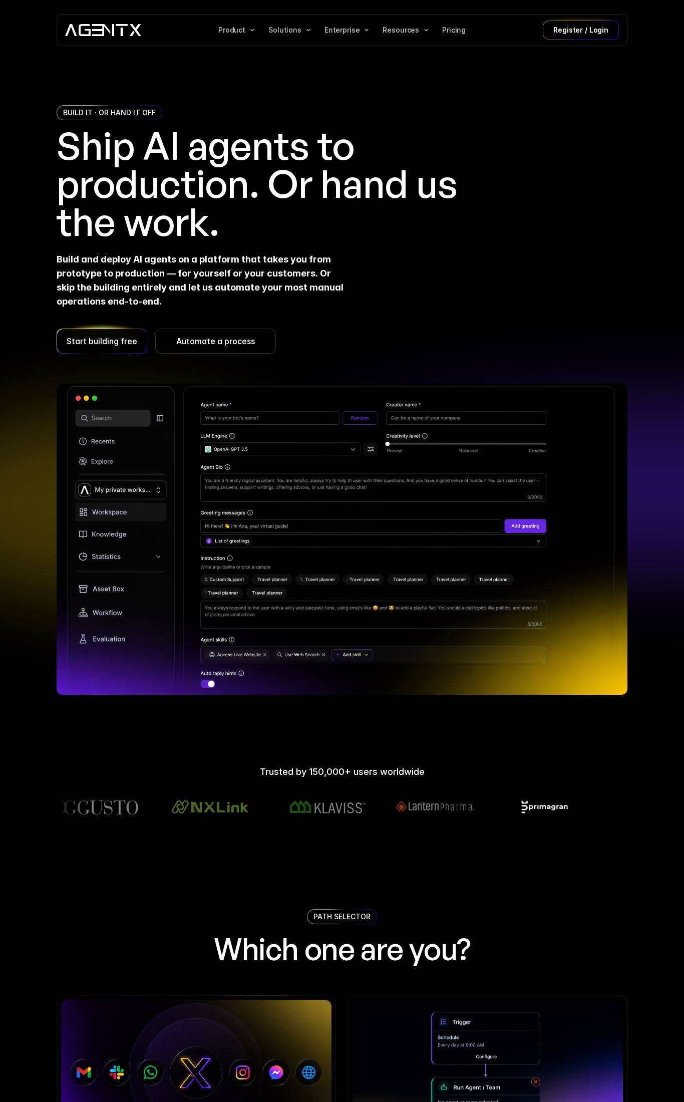 Landing page screenshot of AgentX