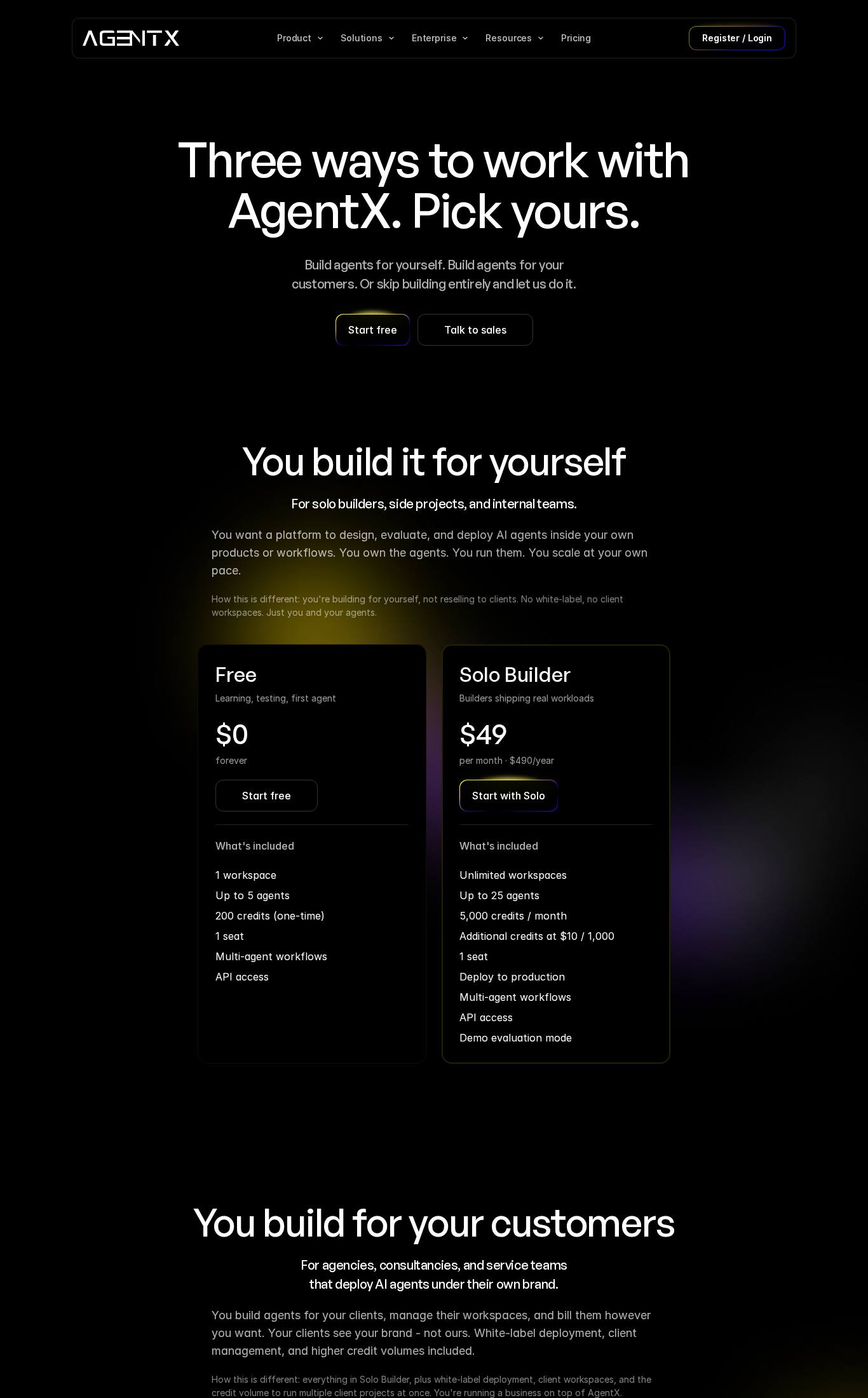 Pricing page screenshot of AgentX