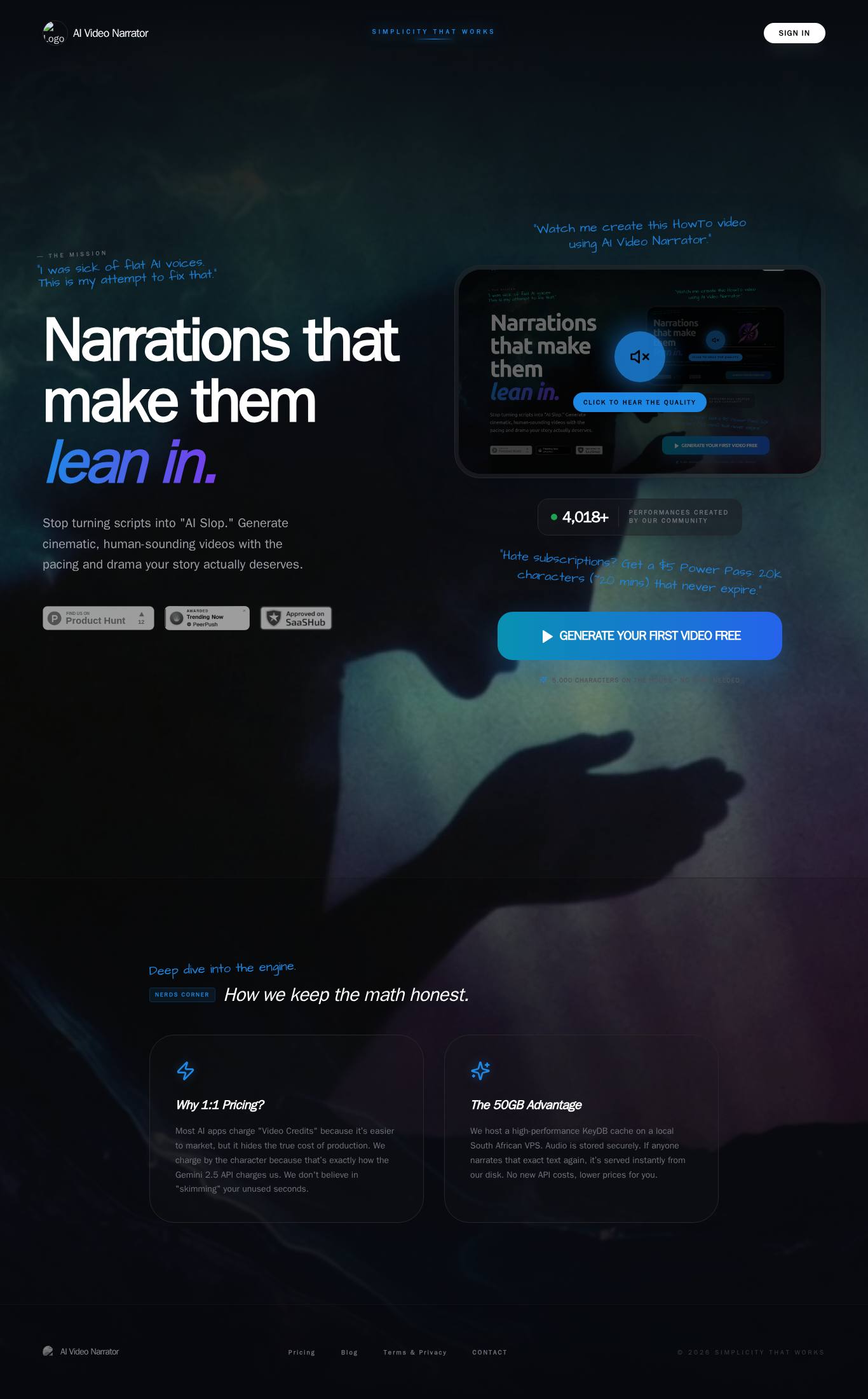 Landing page screenshot of AI Video Narrator