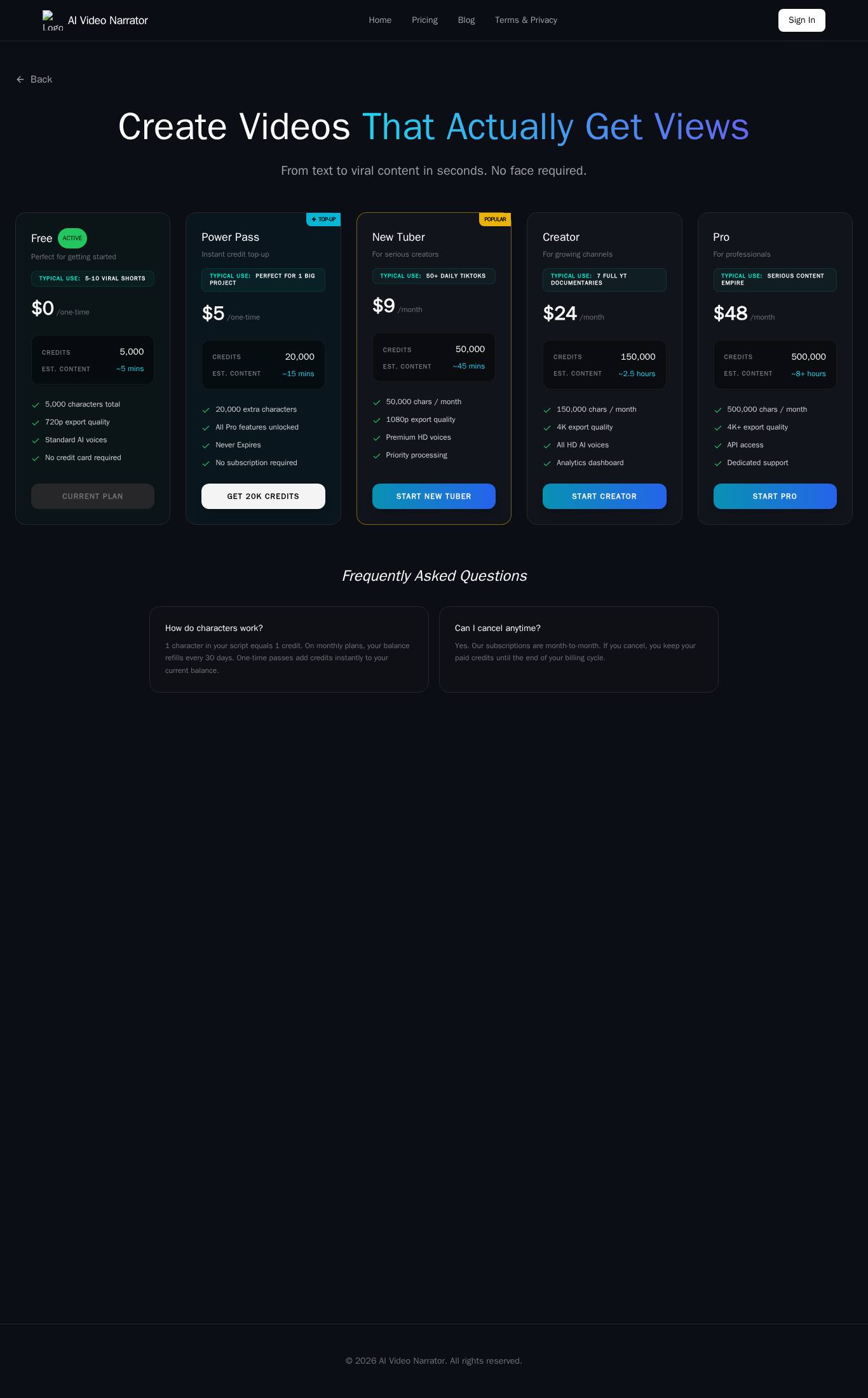 Pricing page screenshot of AI Video Narrator