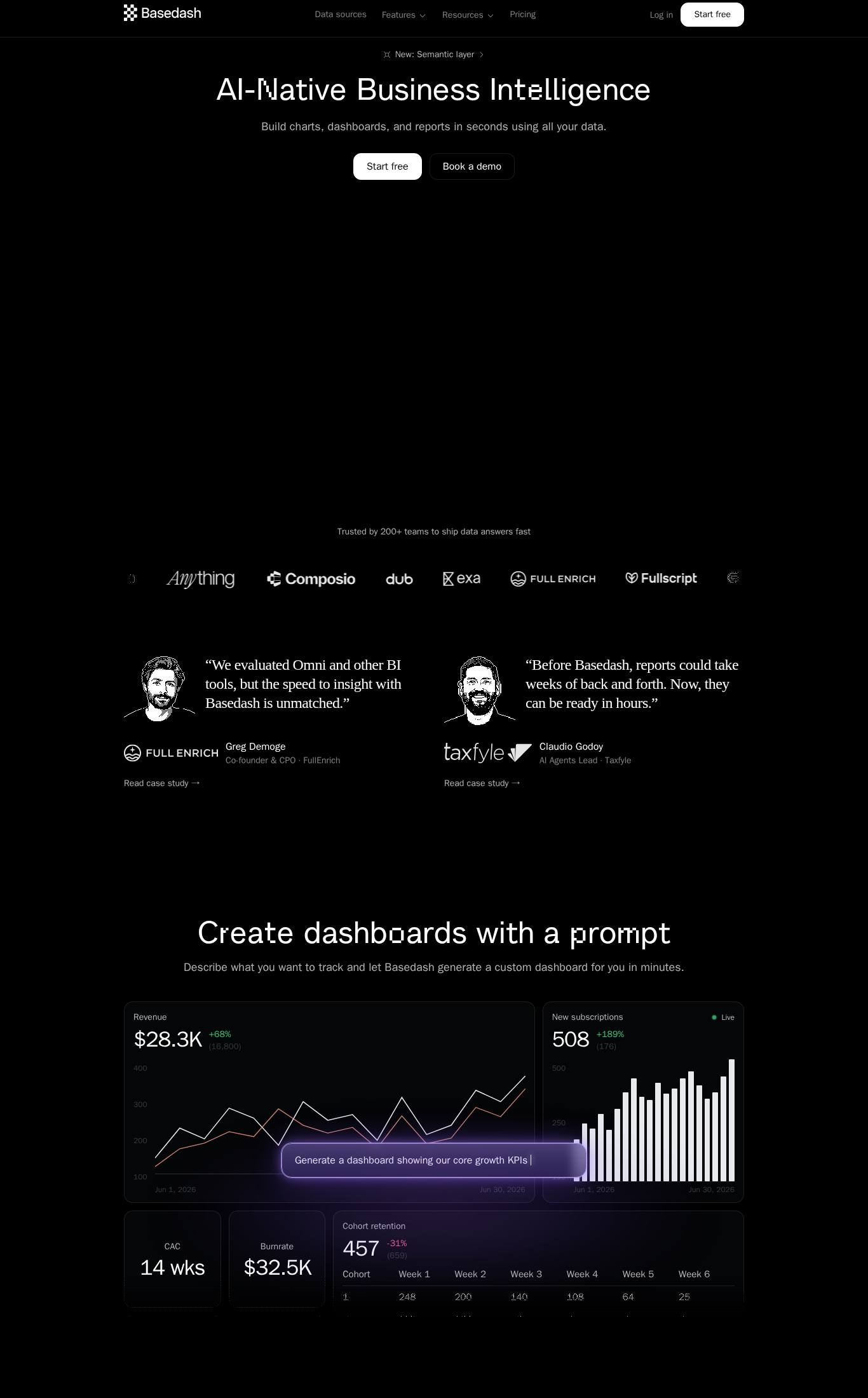 Landing page screenshot of Basedash