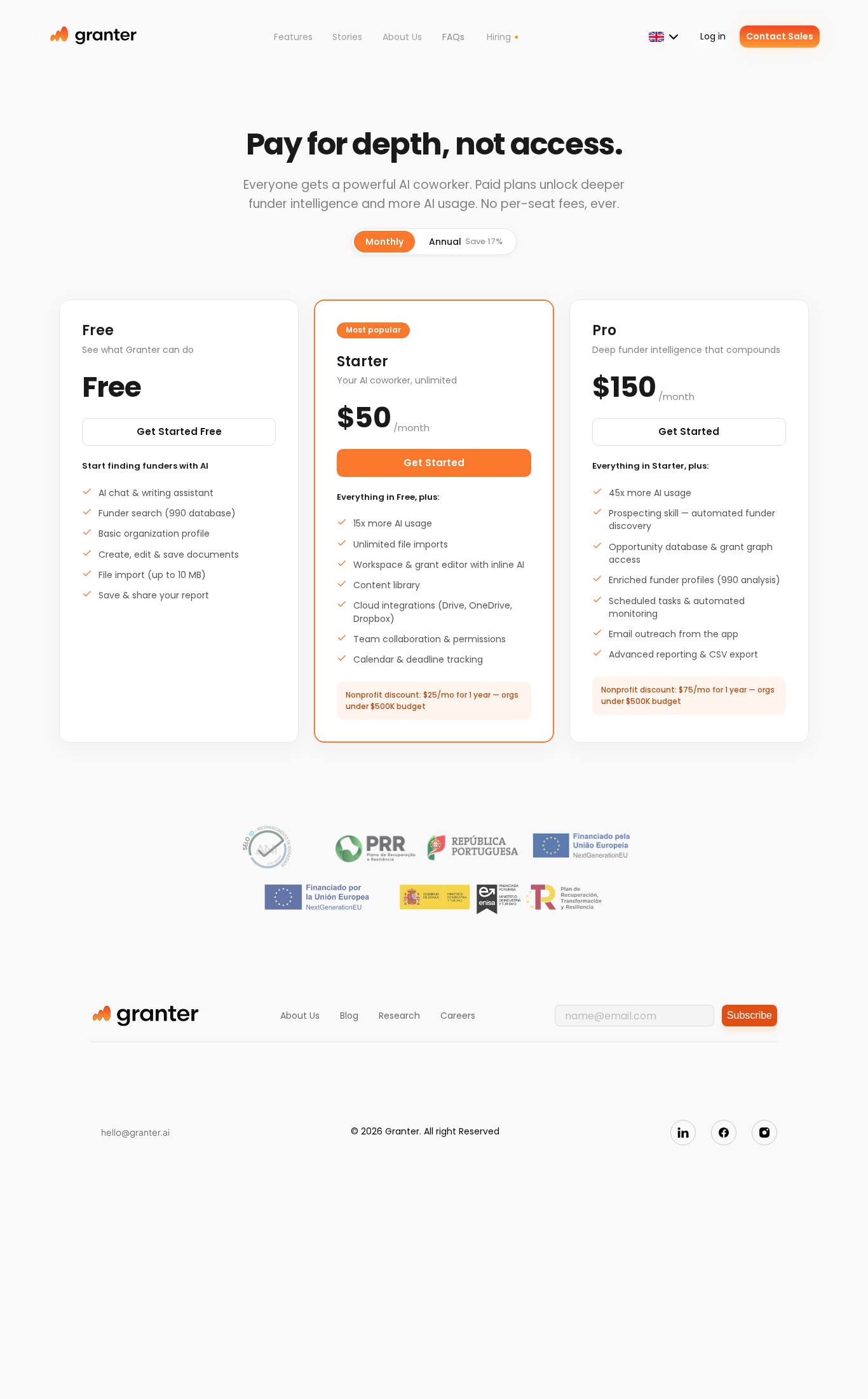 Pricing page screenshot of Granter