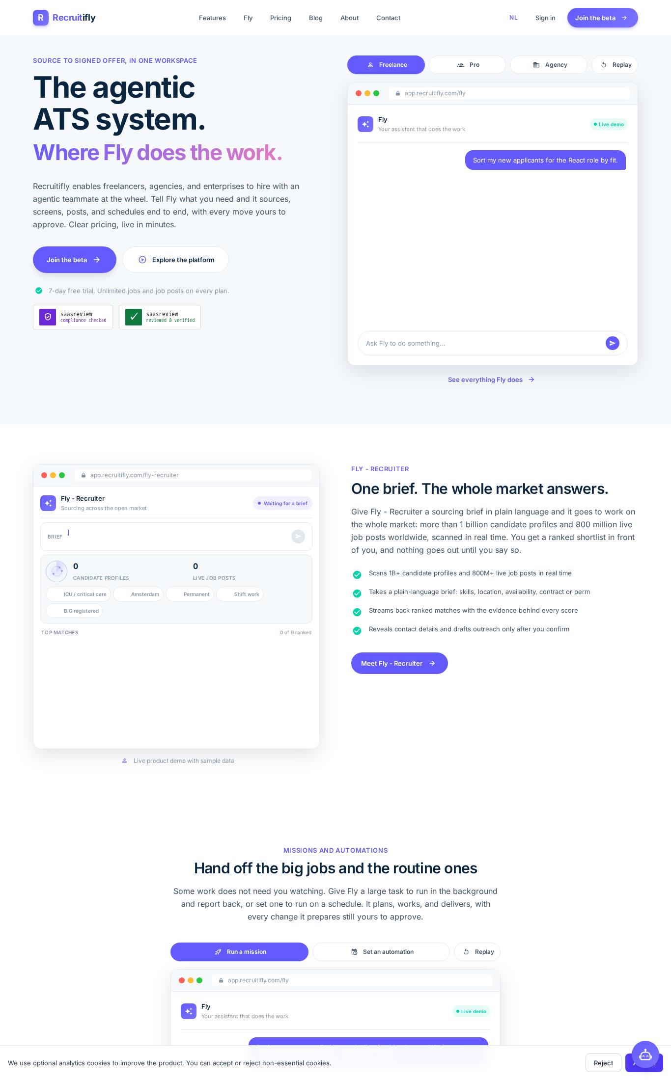 Landing page screenshot of Recruitifly