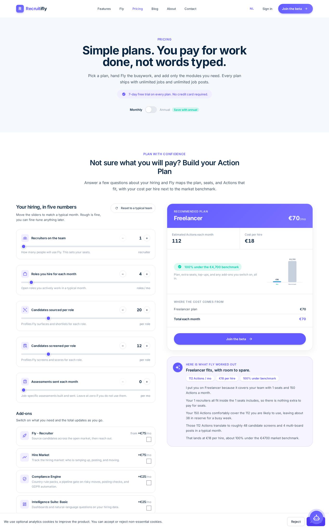 Pricing page screenshot of Recruitifly