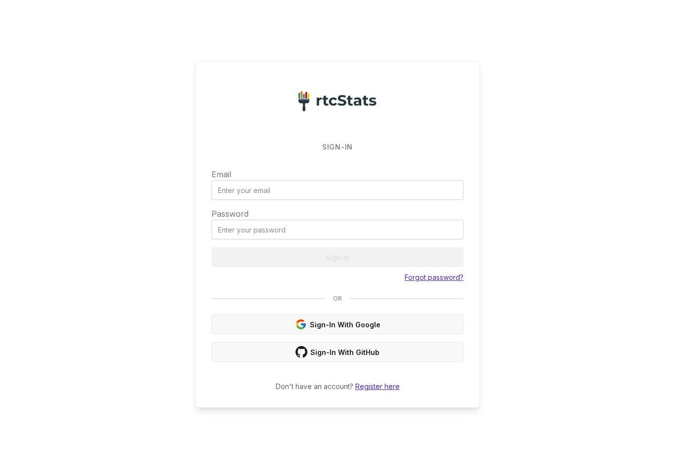 Login page screenshot of rtcStats