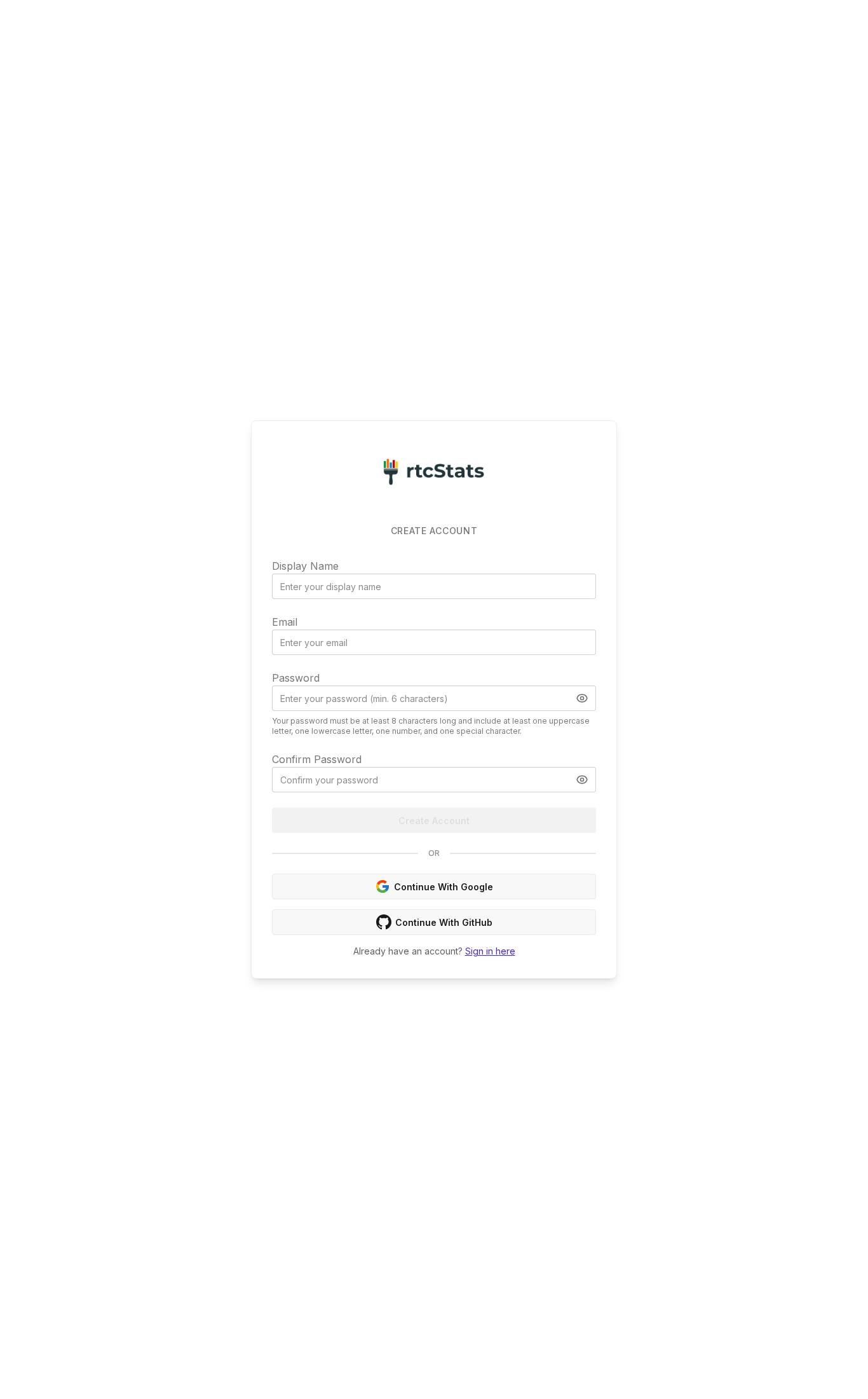 Signup page screenshot of rtcStats