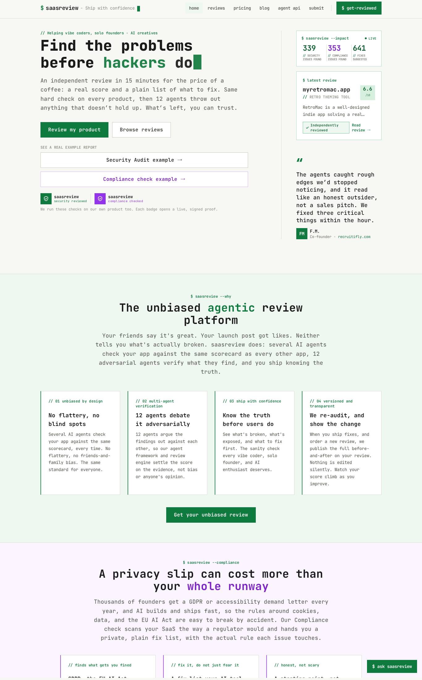 Landing page screenshot of saasreview