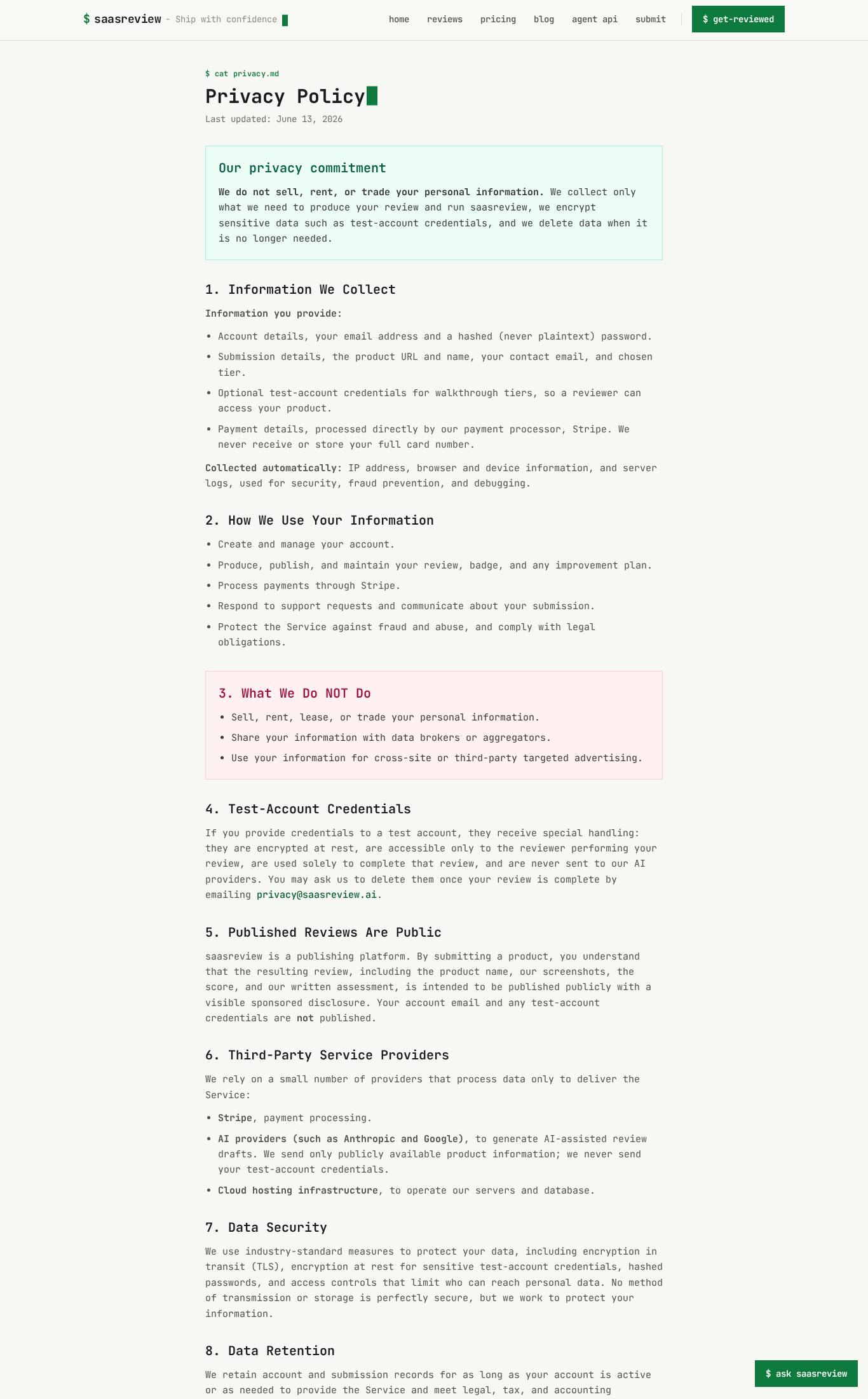 Privacy policy screenshot of saasreview