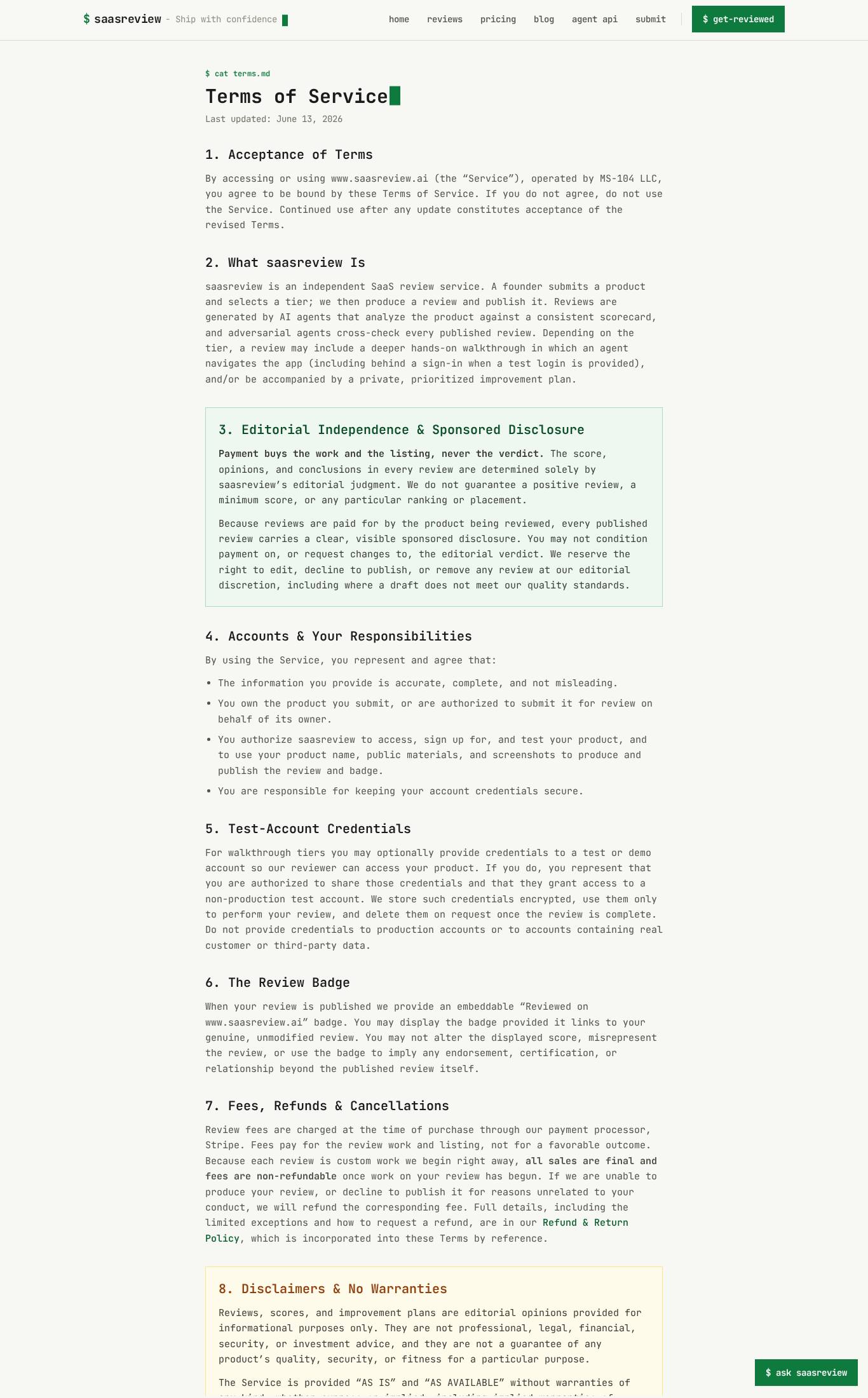 Terms of service screenshot of saasreview