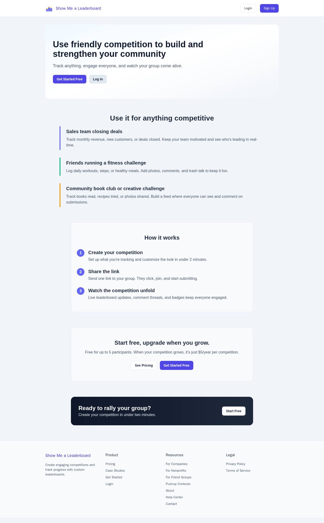 Landing page screenshot of Show Me a Leaderboard