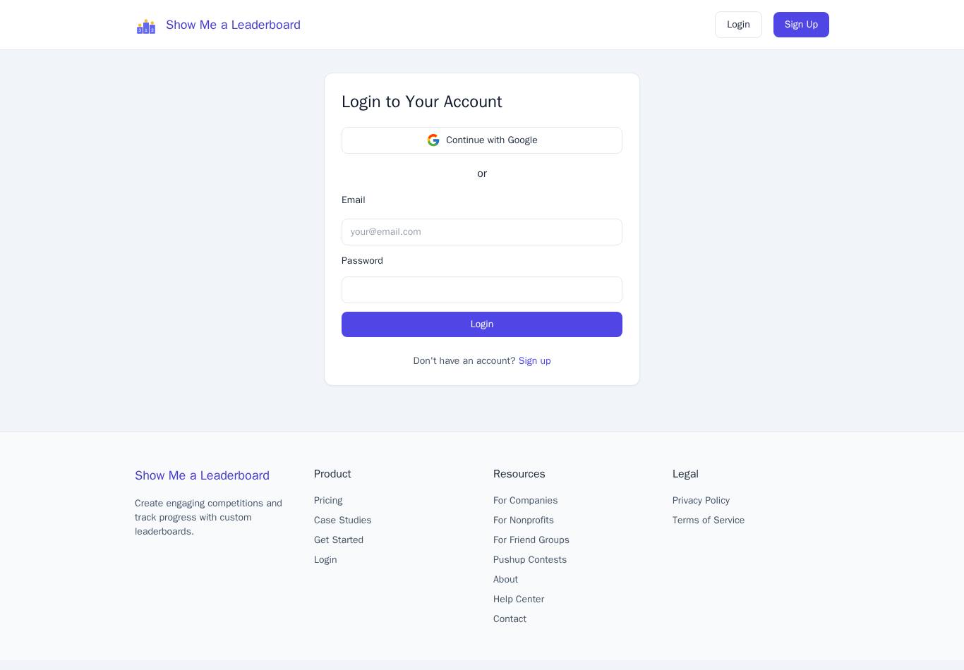 Login page screenshot of Show Me a Leaderboard