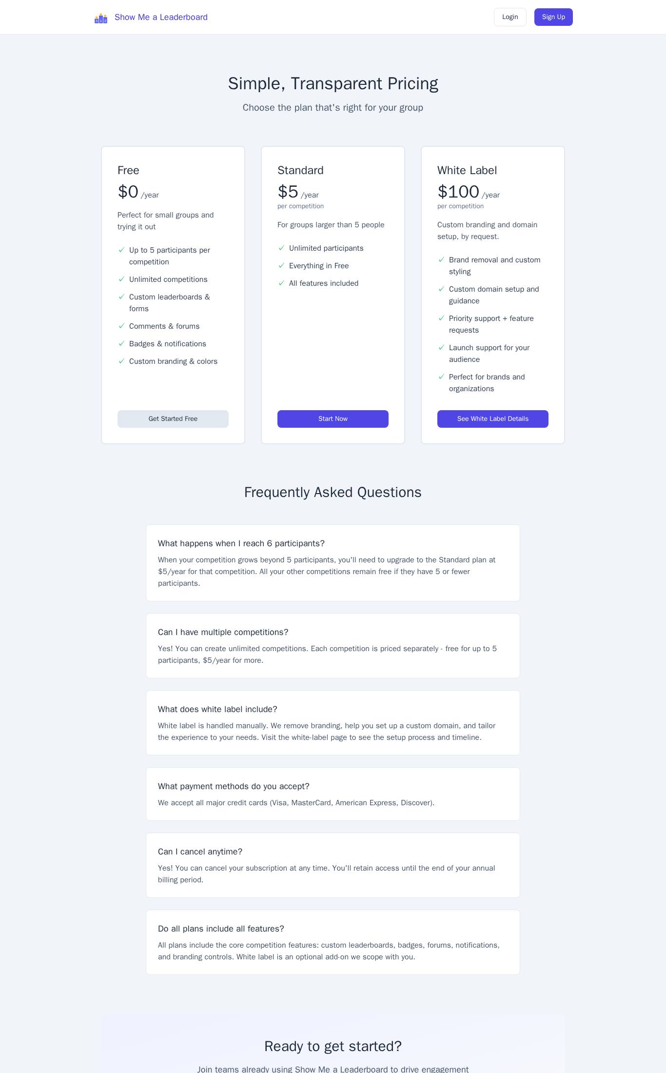 Pricing page screenshot of Show Me a Leaderboard