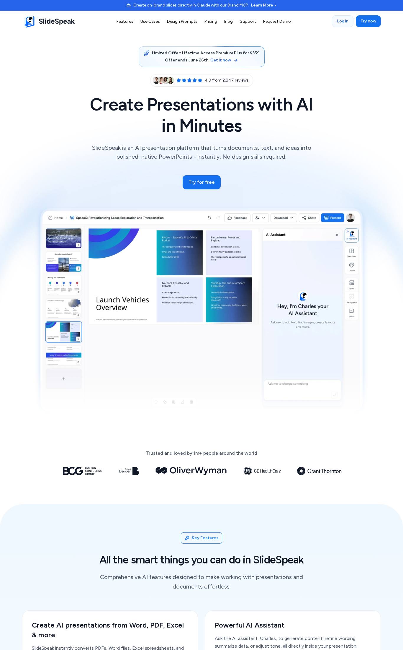 Landing page screenshot of SlideSpeak