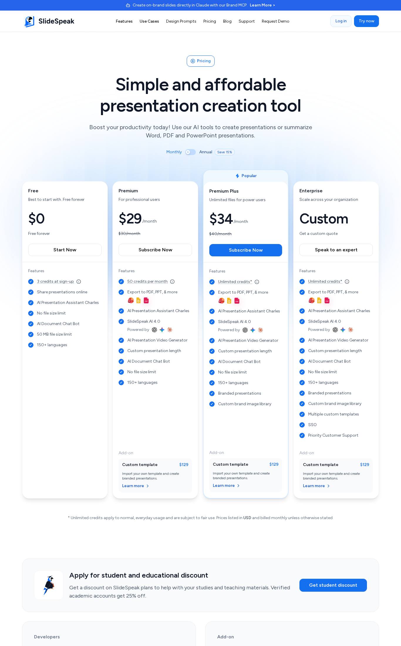 Pricing page screenshot of SlideSpeak