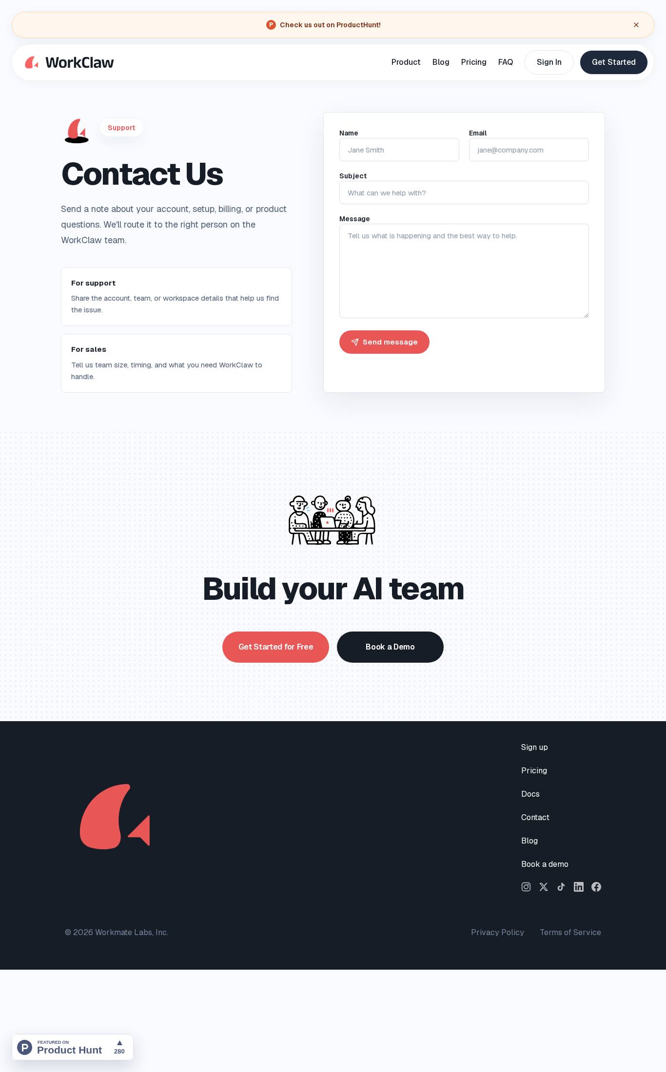 Contact page screenshot of WorkClaw