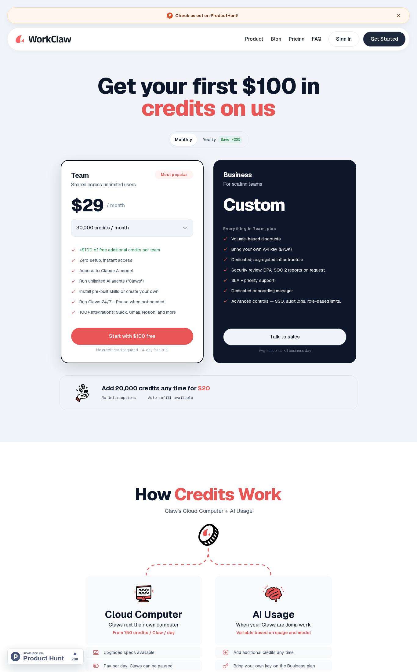 Pricing page screenshot of WorkClaw